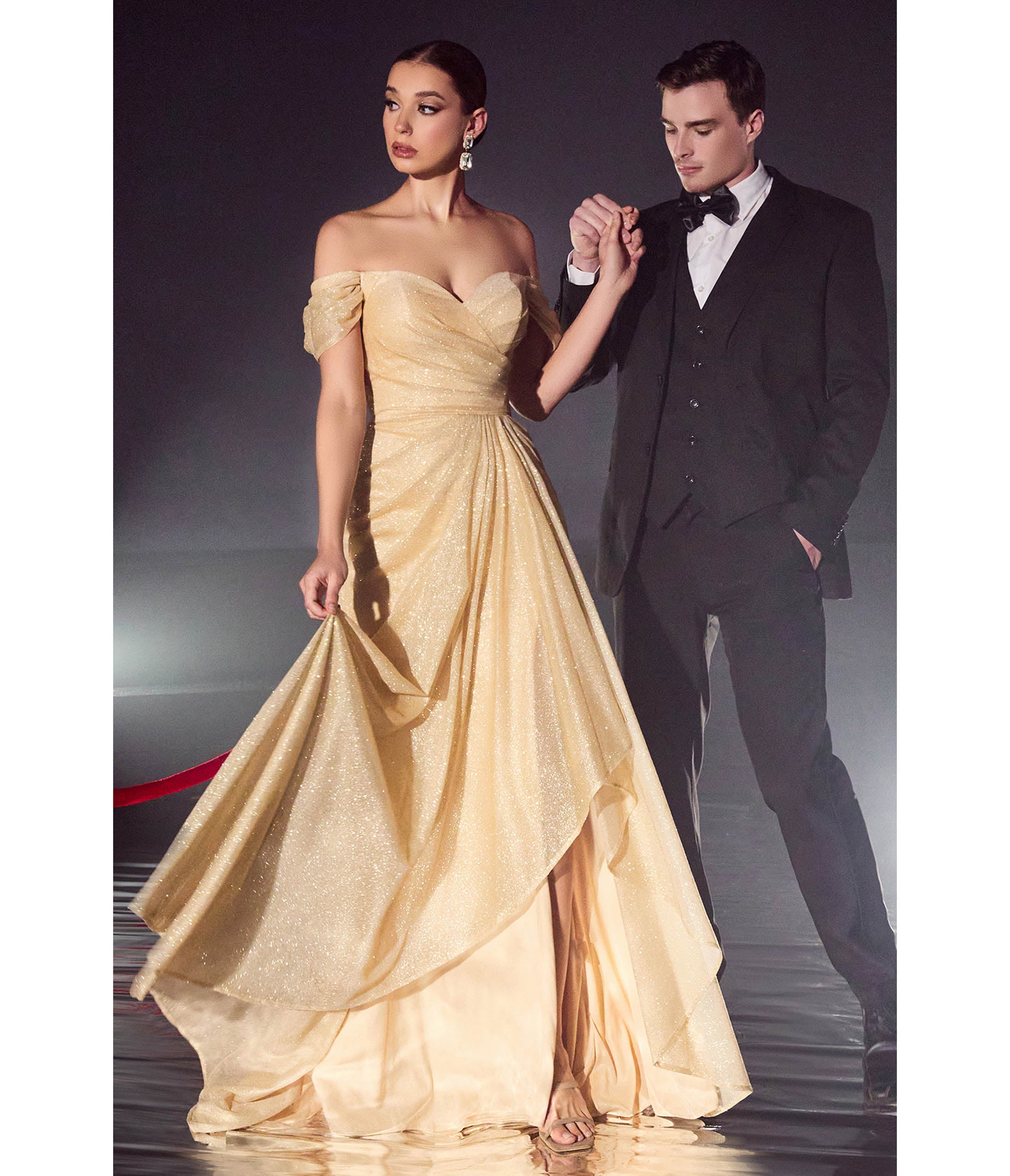 

Cinderella Divine Champagne Glitter Draped Off The Shoulder Prom Dress