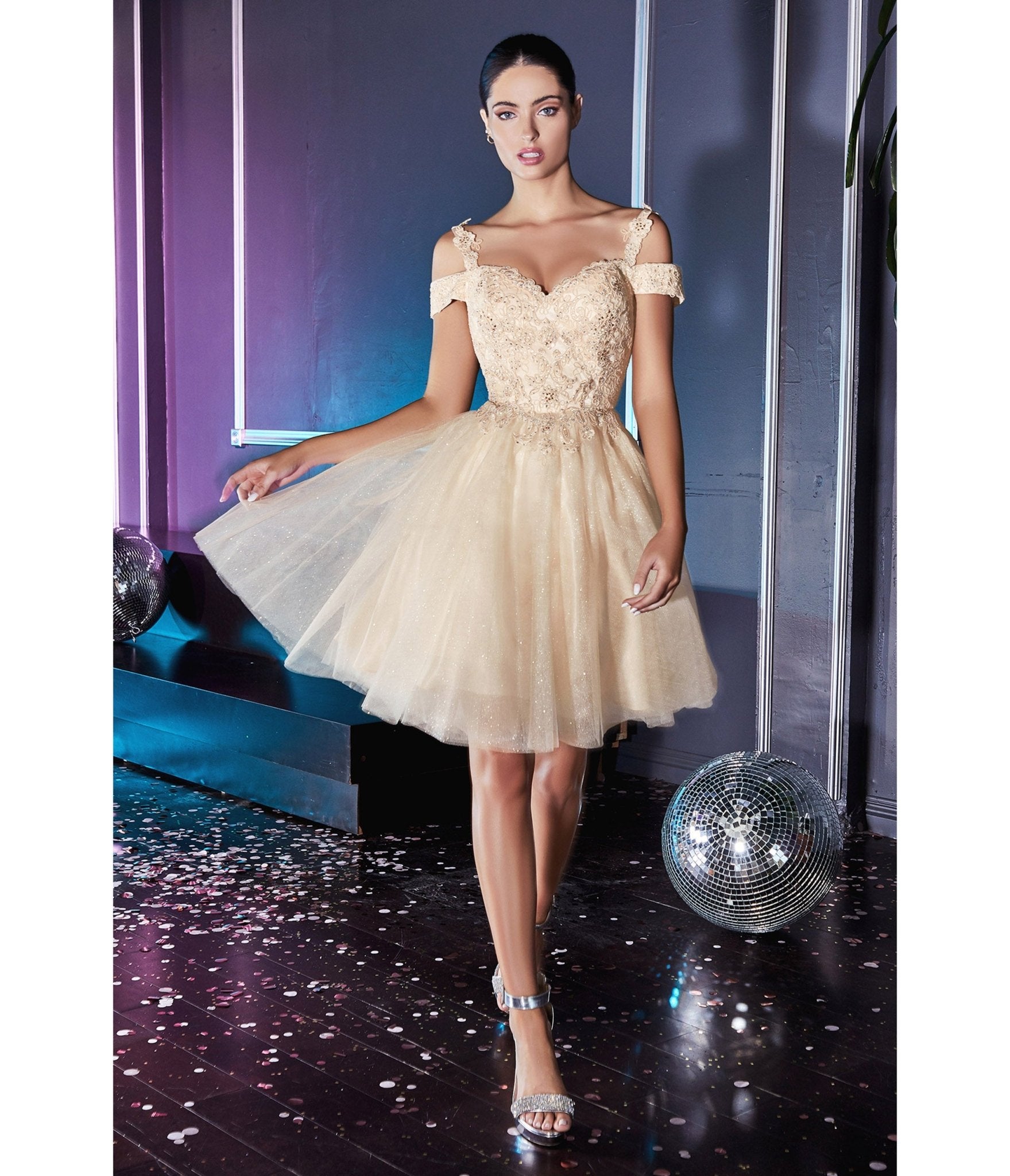 

Cinderella Divine Champagne Glitter Tulle Cold Shoulder Homecoming Dress