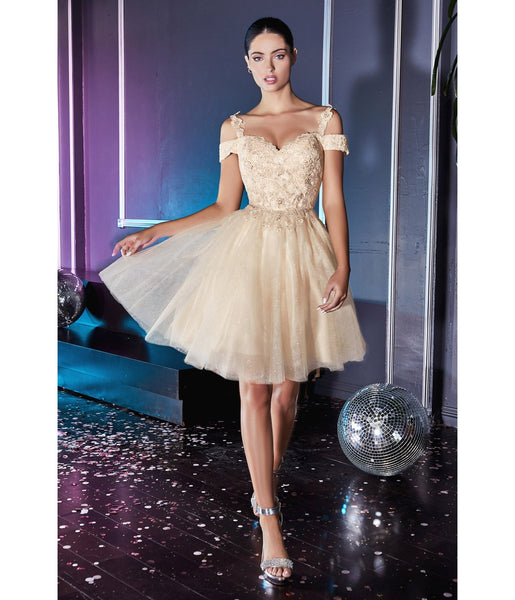 A-line Short Sweetheart Cold Shoulder Sleeves Glittering Beaded Applique Homecoming Dress