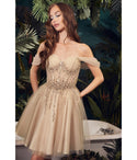 Sophisticated A-line Short Tulle Basque Corset Waistline Draped Sheer Glittering Open-Back Flutter Sleeves Off the Shoulder Dress