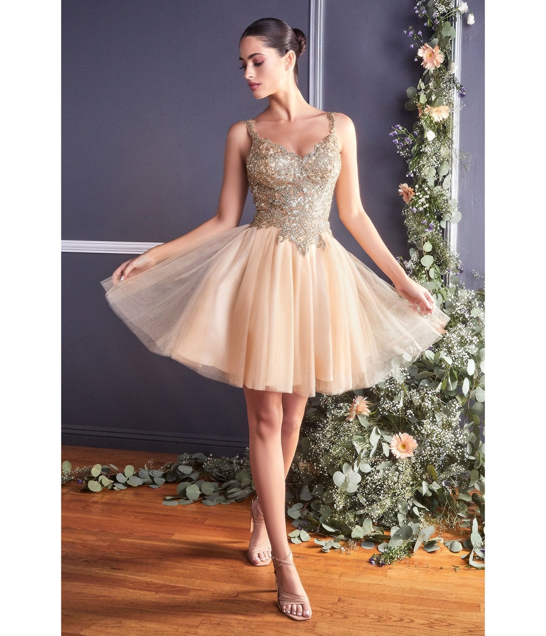 

Cinderella Divine Champagne Gold Embellished Tulle Mini Homecoming Dress