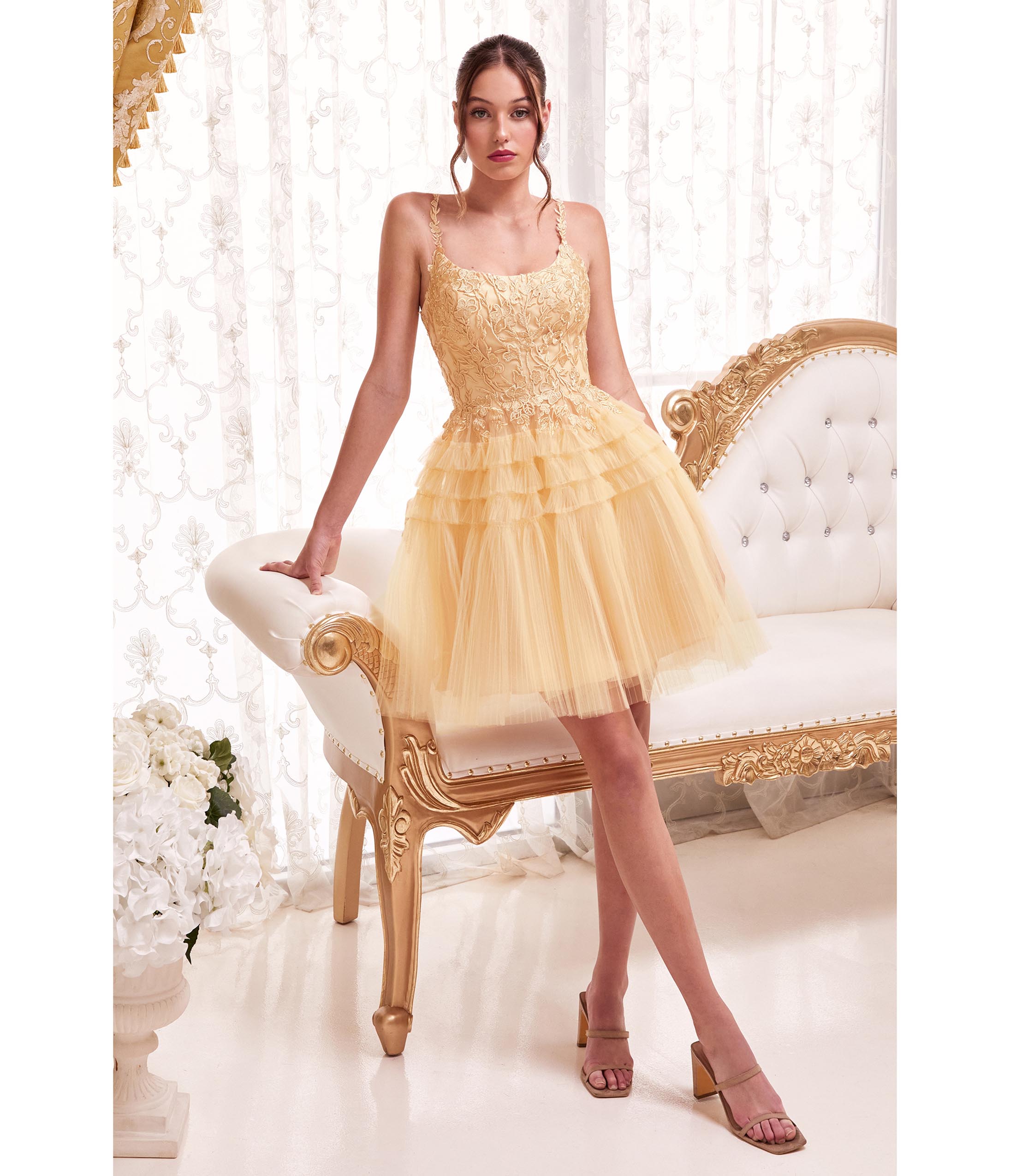 

Cinderella Divine Champagne Gold Floral Applique & Tiered Tulle Cocktail Dress