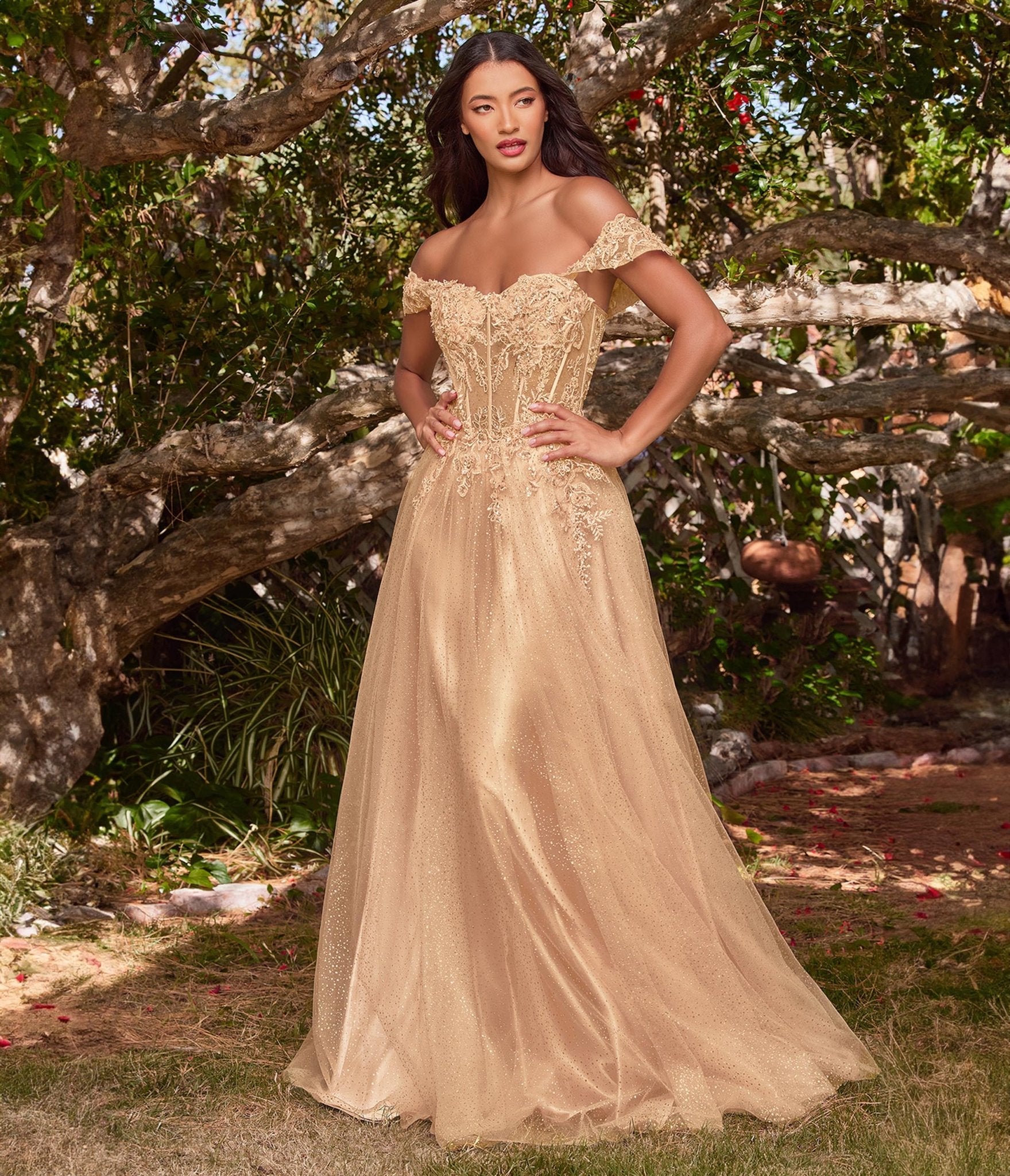 

Cinderella Divine Champagne Gold Glitter Lace & Tulle Embellished Off The Shoulder Prom Gown