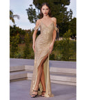 V-neck Open-Back Slit Sequined Sheath Cold Shoulder Sleeves Spaghetti Strap Fall Sheath Dress/Bridesmaid Dress