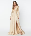 Sophisticated V-neck Fitted Goddess Back Zipper Slit Draped Long Sleeves Satin Maxi Dress