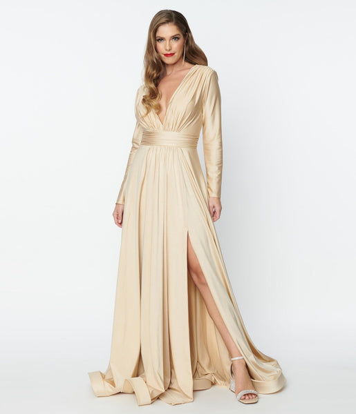 Sophisticated V-neck Satin Slit Back Zipper Goddess Fitted Draped Long Sleeves Maxi Dress