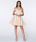 A-line Off the Shoulder Sweetheart Above the Knee Satin V Back Flowy Prom Dress