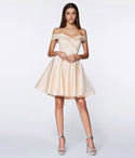 A-line Above the Knee Sweetheart Off the Shoulder Flowy V Back Satin Prom Dress