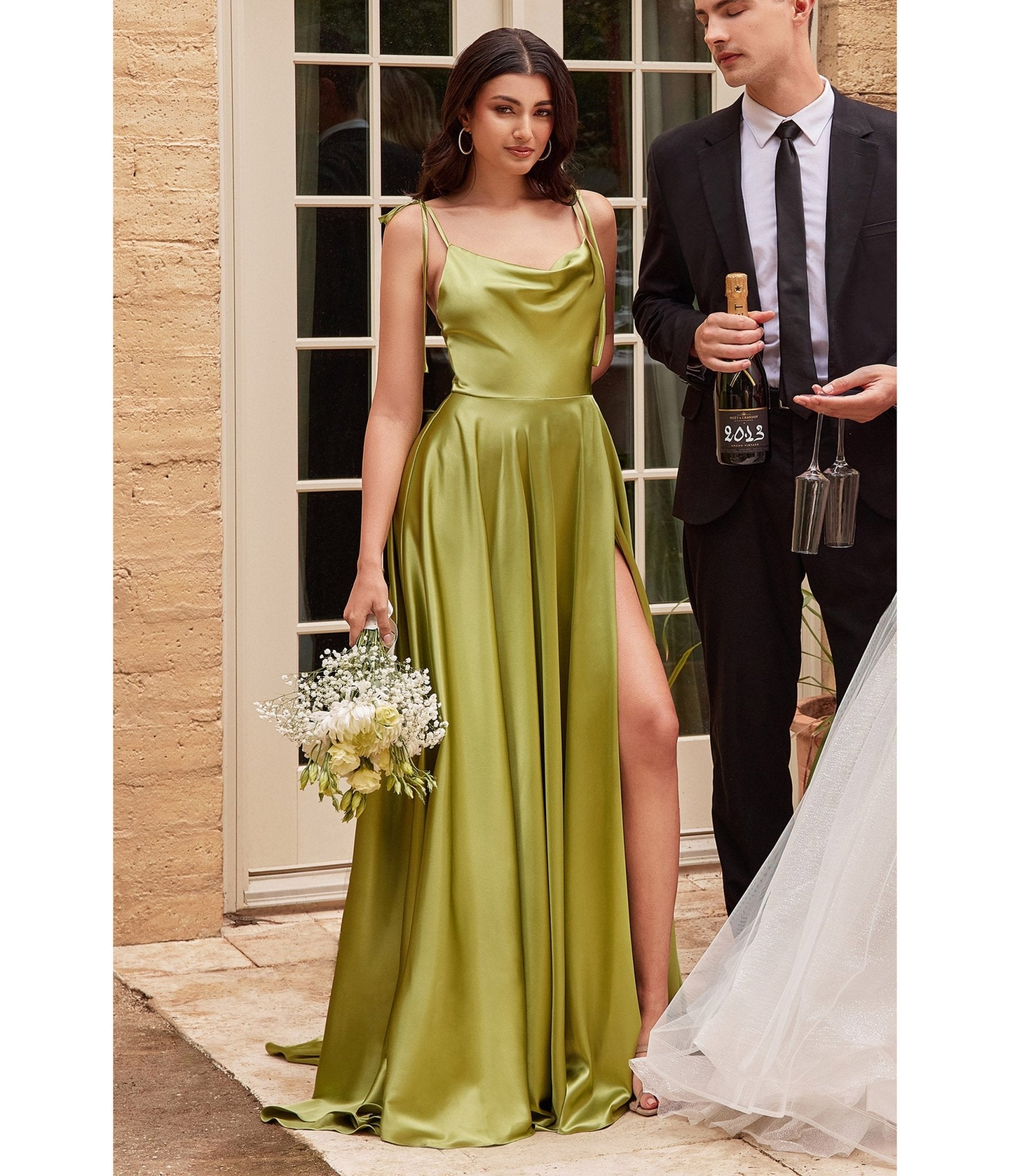 

Cinderella Divine Chartreuse Liquid Satin Prom Gown