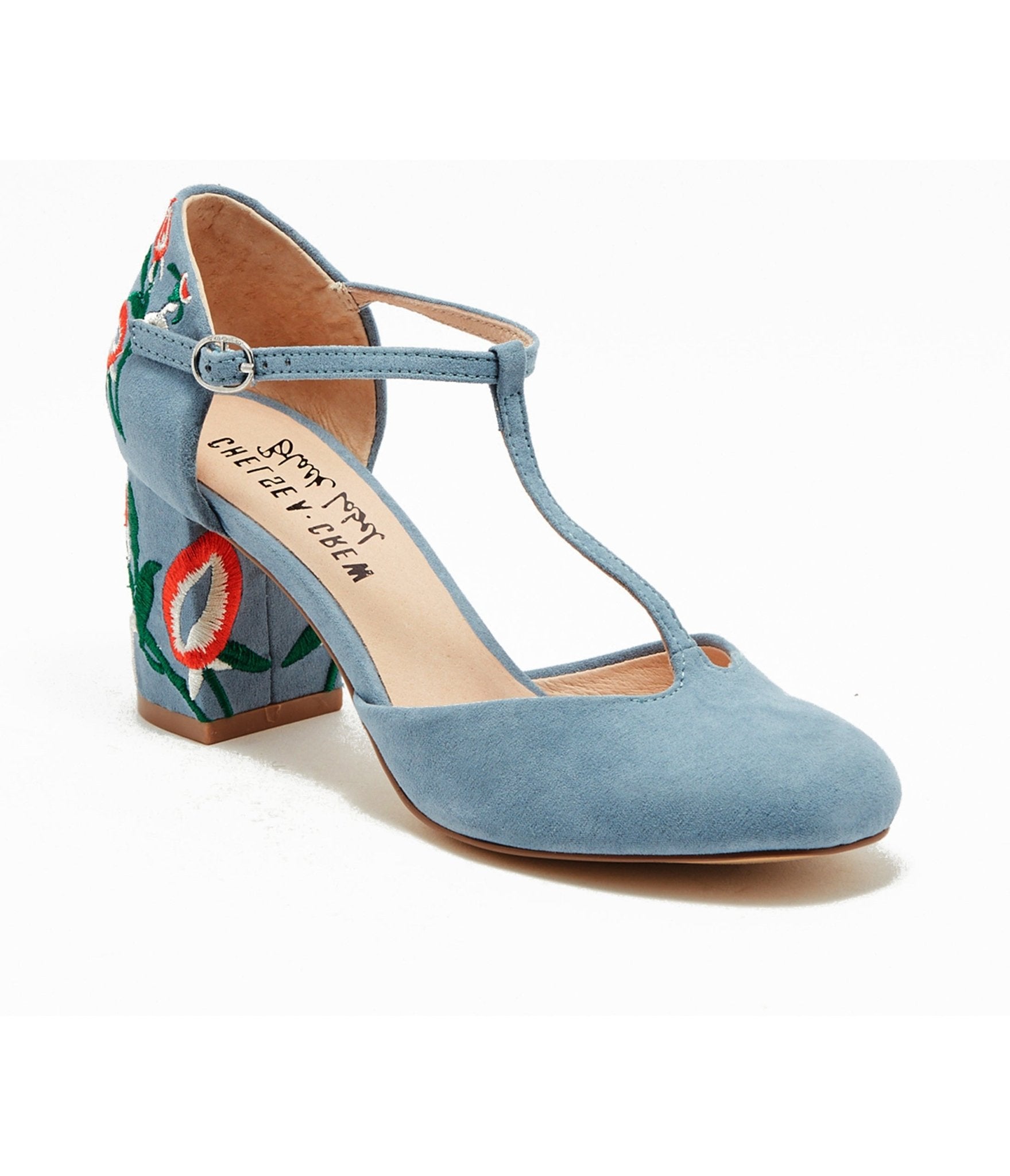 

Chelsea Crew 1920S Sky Blue T-Strap Embroidered Frenchie Heels