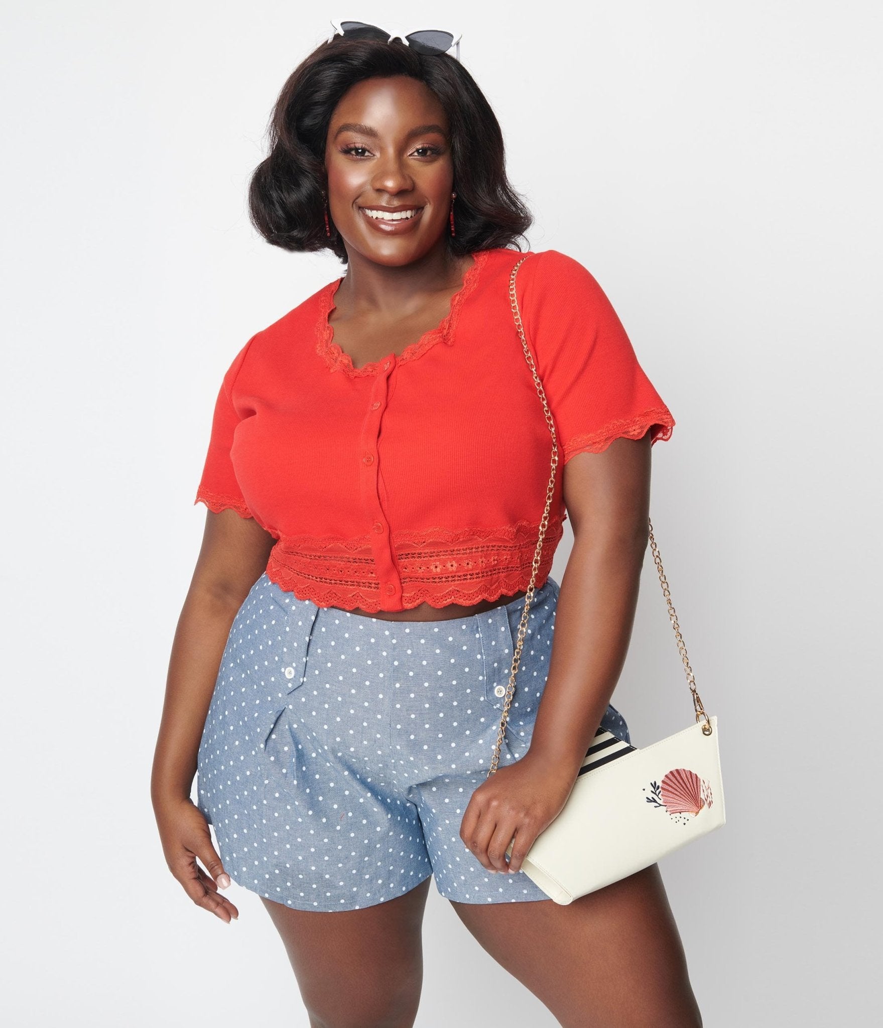 

Cherry Red Scallop Lace Knit Crop Top