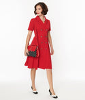 Sophisticated Button Front Swing-Skirt Collared Short Sleeves Sleeves Crepe Dress