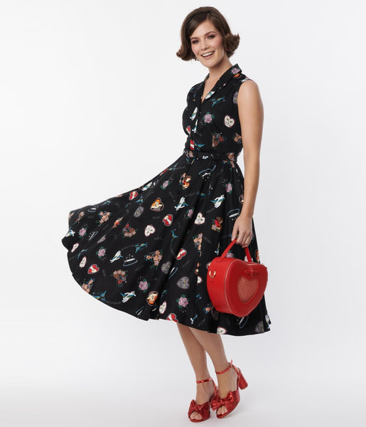 Modest V-neck General Print Notched Collar Swing-Skirt Belted Pocketed Fitted Dress