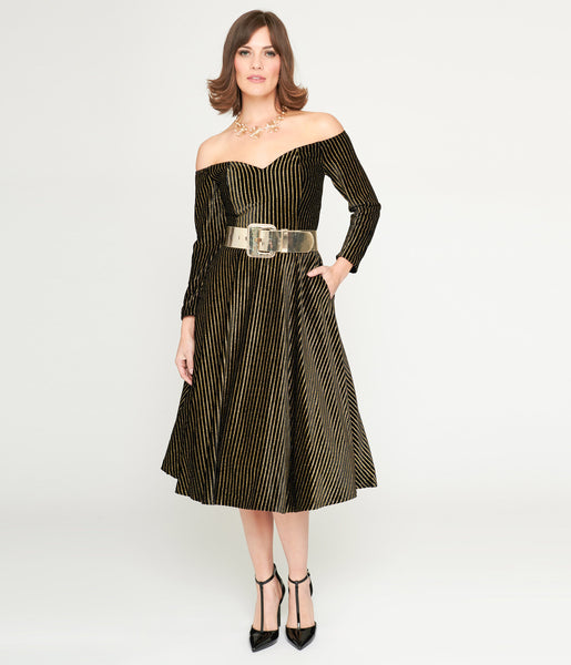 Sophisticated Swing-Skirt Striped Print 3/4 Sleeves Off the Shoulder Glittering Pocketed Back Zipper Velvet Party Dress