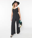 Sleeveless Dots Print Button Front Side Zipper Collared Halter Smocked Jumpsuit