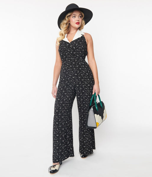 Dots Print Collared Halter Smocked Sleeveless Side Zipper Button Front Jumpsuit