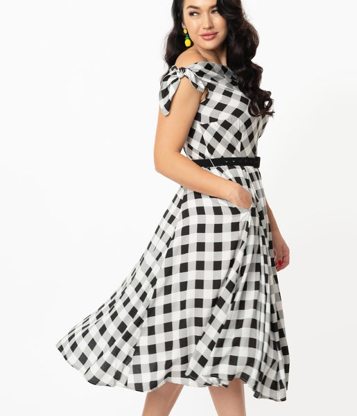 Self Tie Pocketed Checkered Gingham Print Cowl Neck Swing-Skirt Dress