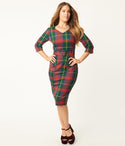 V-neck 3/4 Sleeves Pocketed Belted Elasticized Waistline Plaid Print Dress