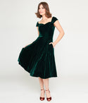 Pocketed Back Zipper Swing-Skirt Velvet Short Sleeves Sleeves Off the Shoulder Sweetheart Dress