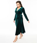 Long Sleeves Velvet Tie Waist Waistline Vintage Wrap Dress With a Sash