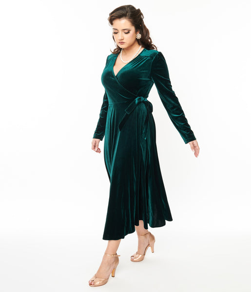 Tie Waist Waistline Velvet Vintage Wrap Long Sleeves Dress With a Sash