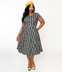Striped Floral Print Swing-Skirt Cotton Dress by Collectif Clothing