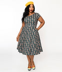 Cotton Striped Floral Print Swing-Skirt Dress