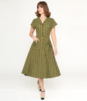 Sophisticated V-neck Checkered Print Cap Sleeves Swing-Skirt Pocketed Button Front Collared Dress