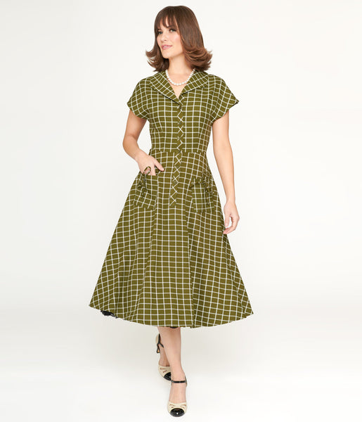 Sophisticated V-neck Checkered Print Button Front Pocketed Swing-Skirt Collared Cap Sleeves Dress