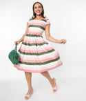 Short Striped Print Scoop Neck Swing-Skirt Cap Sleeves Dress