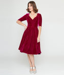 V-neck Vintage Back Zipper Velvet 3/4 Sleeves Dress