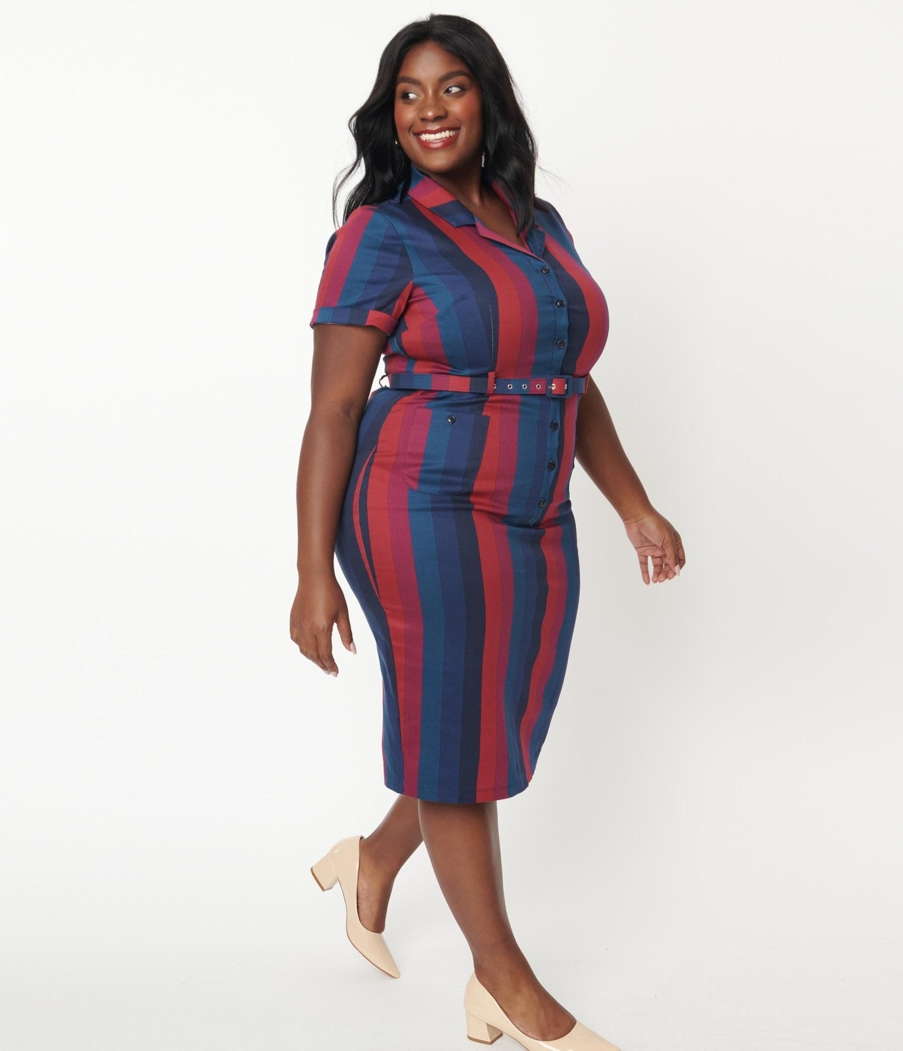 

Collectif Plus Size Dark Multicolor Stripe Caterina Pencil Dress