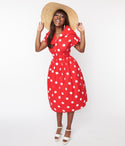 V-neck Short Sleeves Sleeves Polka Dots Print Button Front Collared Swing-Skirt Dress