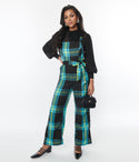 Belted Side Zipper Vintage Pocketed Flowy Plaid Print Jumpsuit