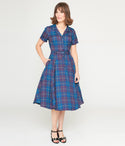 Sophisticated Checkered Print Elasticized Waistline Swing-Skirt Collared Short Sleeves Sleeves Vintage Button Front Belted Dress