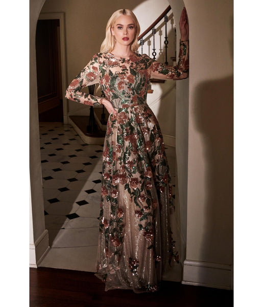 Sophisticated A-line Floral Print Long Sleeves Sweetheart Floor Length Sheer Sheer Back Sequined Mesh Illusion Dress