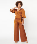 V-neck Cocktail Back Zipper Self Tie Fitted Pocketed Satin Puff Sleeves Elbow Length Sleeves Jumpsuit With a Bow(s)