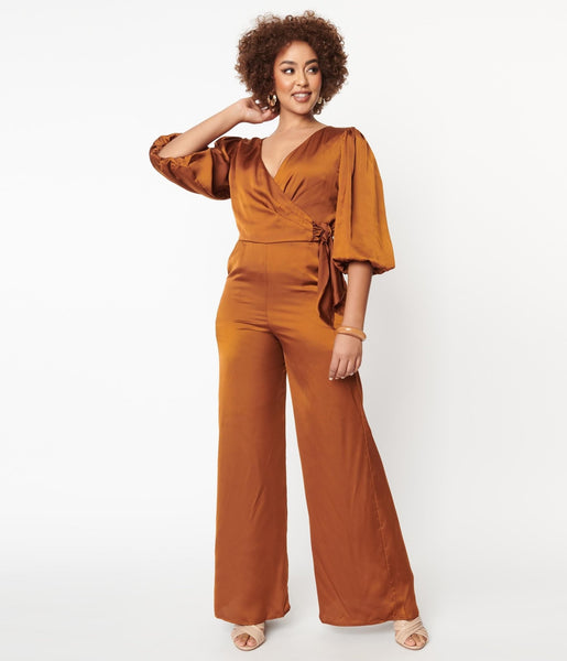 V-neck Fitted Pocketed Back Zipper Self Tie Puff Sleeves Elbow Length Sleeves Satin Cocktail Jumpsuit With a Bow(s)