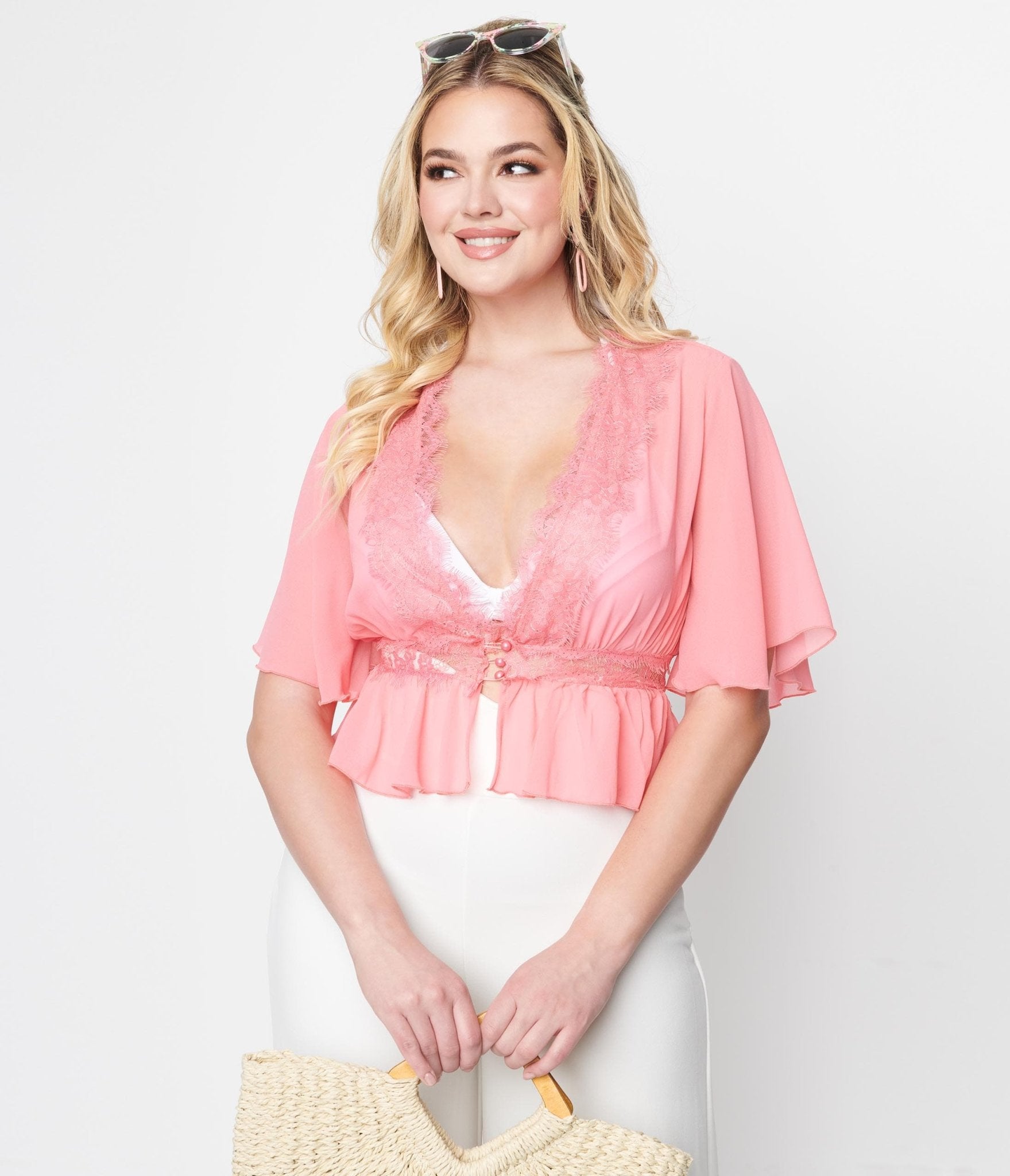 

Coral Wild Flower Sheer Lace Peplum Blouse