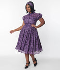 Swing-Skirt Collared Short Sleeves Sleeves Illusion Belted Embroidered Button Front Fitted Dress