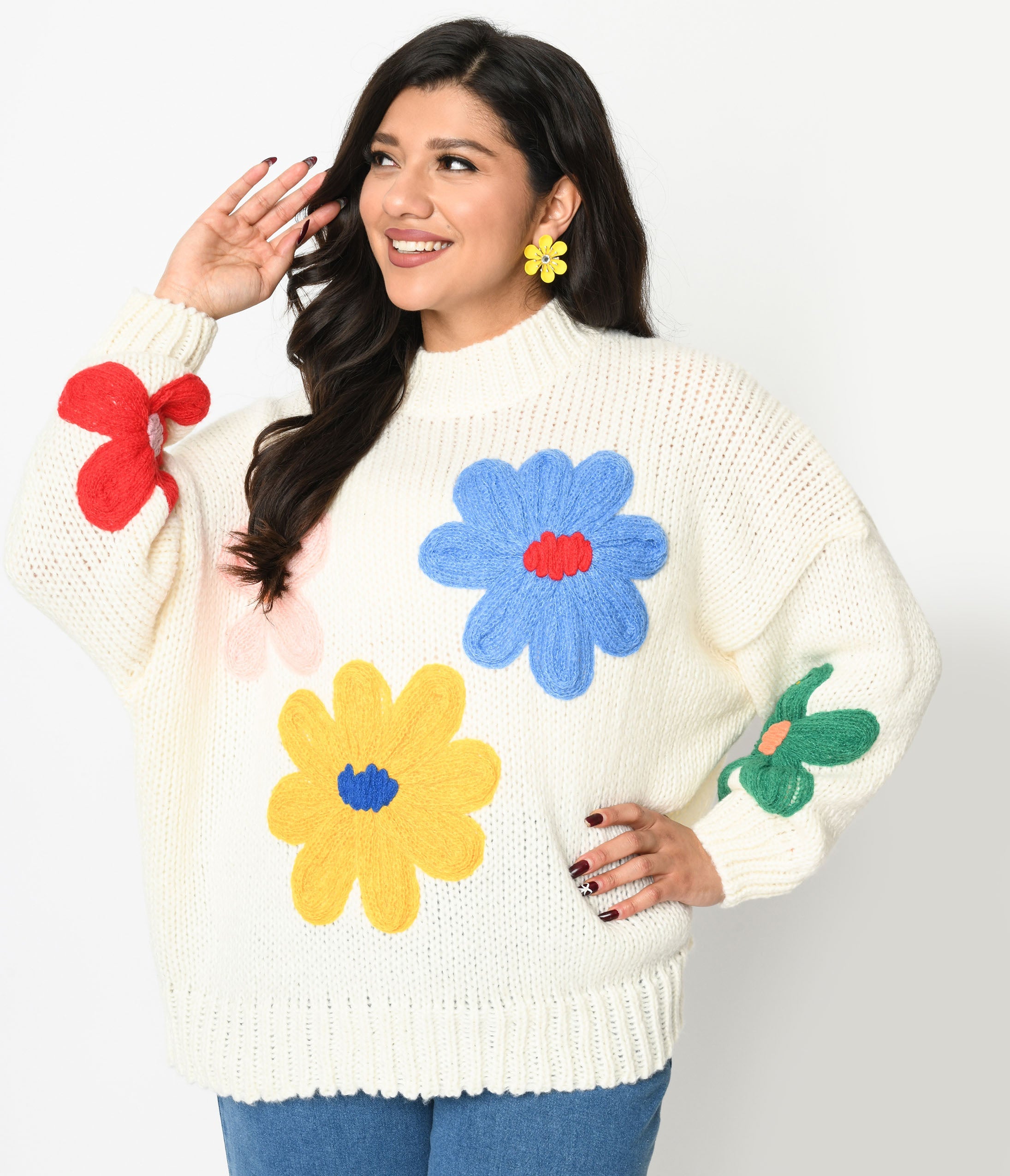 

Cream & 3D Multicolor Floral Knit Pullover