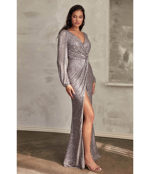 Sophisticated V-neck Long Sleeves Sequined Gathered Slit Evening Dress