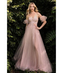 A-line Strapless Puff Sleeves Sleeves Floral Print Applique Tulle Prom Dress