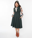 Geometric Print Pocketed Back Zipper Self Tie Chiffon Long Sleeves Swing-Skirt Dress With a Bow(s)