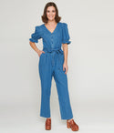 Sexy V-neck Darted Waistline Puff Sleeves Sleeves Front Zipper Denim Jumpsuit With a Sash
