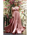 A-line V-neck Self Tie Slit Flowy Satin Bridesmaid Dress