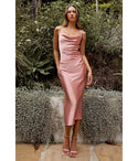 Sexy Satin Cowl Neck Fitted Asymmetric Slit Pleated Draped Homecoming Dress/Bridesmaid Dress/Slip Dress/Midi Dress