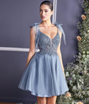 Sleeveless Spaghetti Strap Open-Back Applique Prom Dress With a Ribbon and Rhinestones