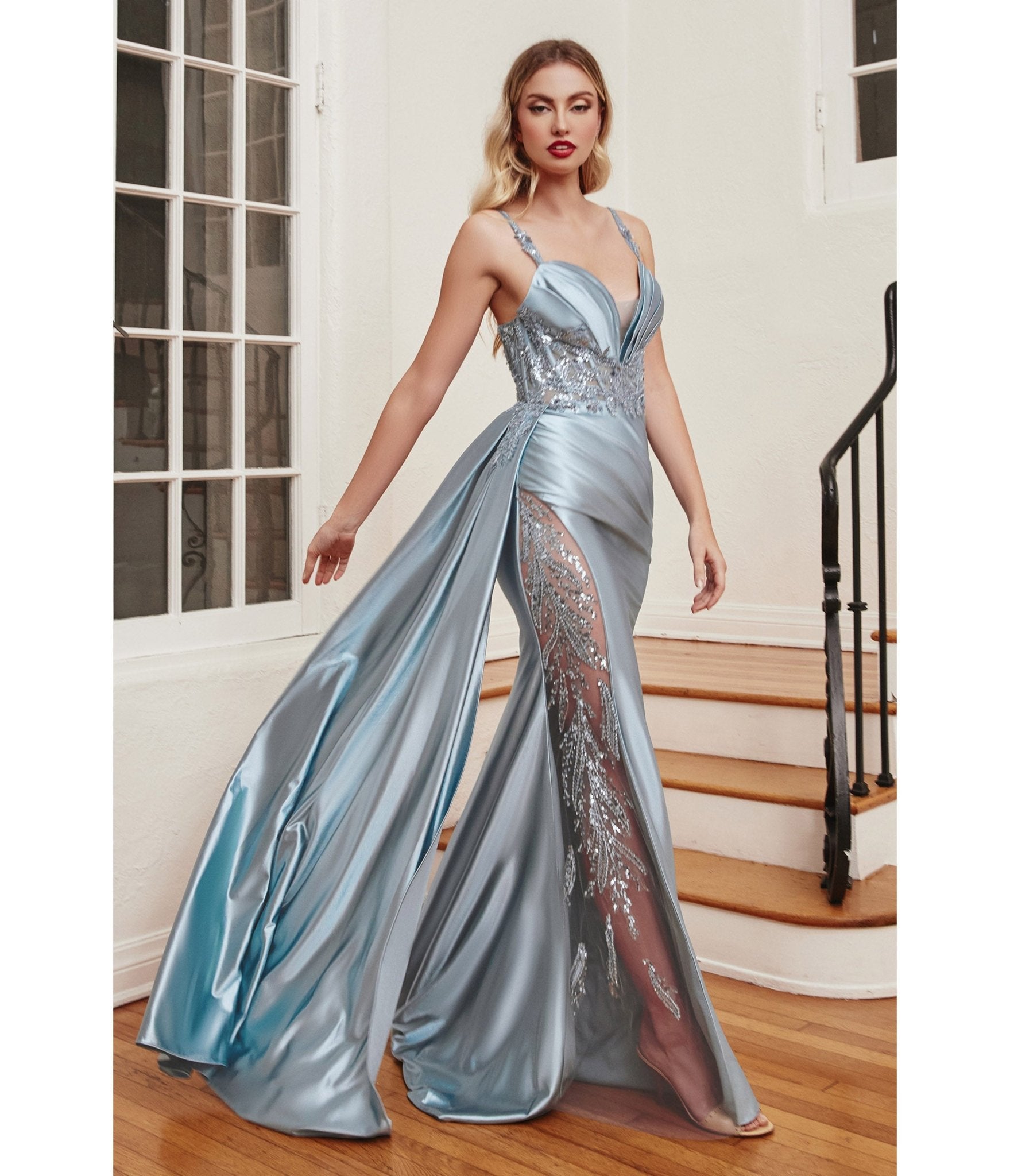 

Cinderella Divine Dusty Blue Soft Satin Sheer Leaves Gown