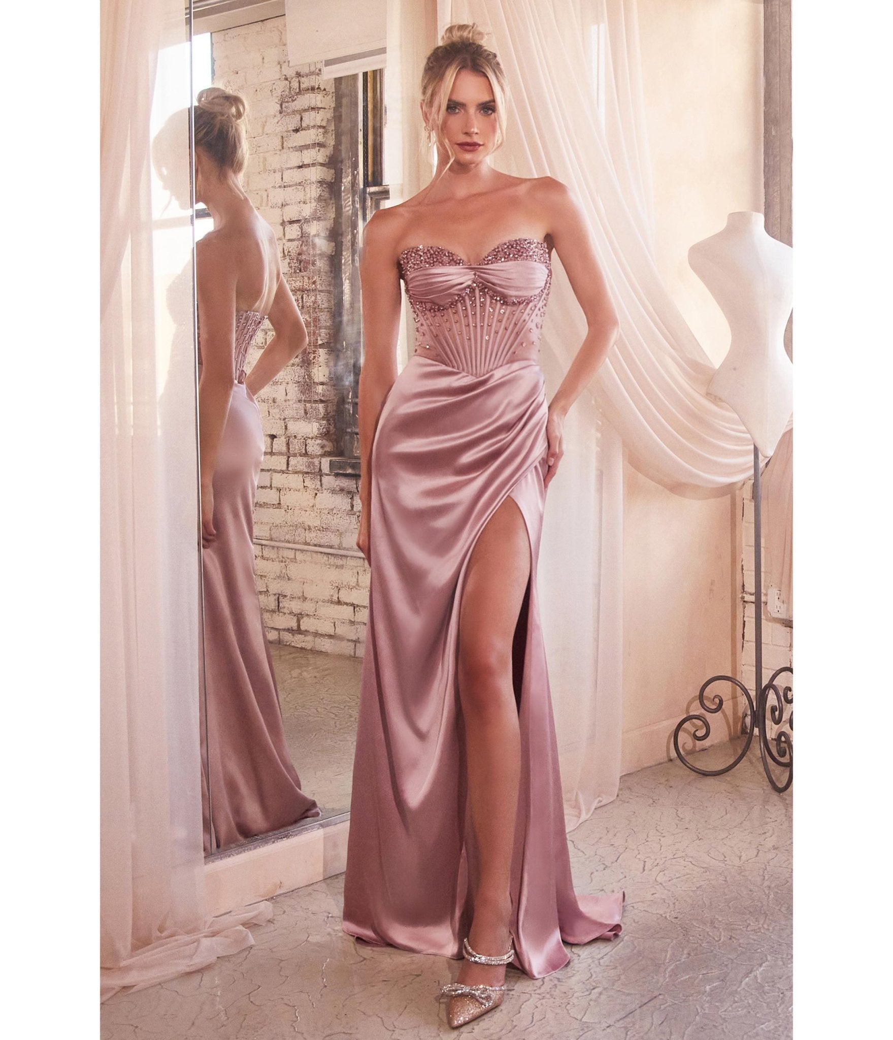 

Cinderella Divine Dusty Rose Beaded Satin Corset Prom Dress